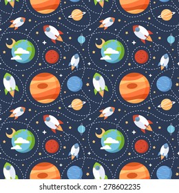 Seamless children cartoon space pattern with rockets, planets, stars and universe over the dark night sky background