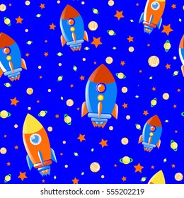 Seamless children cartoon space pattern with rockets vector illustration