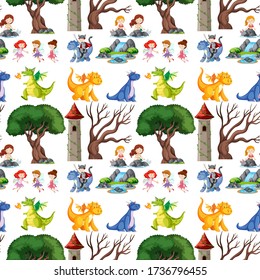 Seamless children is fairy tale castle and dragon  illustration