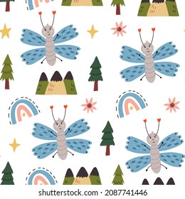 Los niños sin foco programan una montaña de mariposa. Papel digital naïve, papel tapiz para sala de vivero, tela textil para bebés. Baby Shower diseño del vector del doodal dibujado a mano