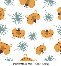 Seamless children pattern with cartoon tiger and tropical leaves. Baby print