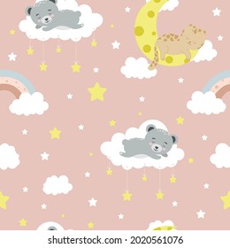 Seamless children pattern with cat, bear, clouds, moon and stars. Creative kids texture for fabric, wrapping, textile, wallpaper, apparel