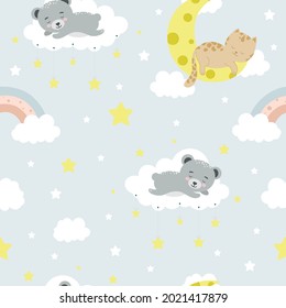 Seamless children pattern with cat, bear, lion, clouds, moon and stars. Creative kids texture for fabric, wrapping, textile, wallpaper, apparel