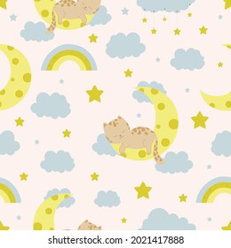 Seamless children pattern with cat, bear, clouds, moon and stars. Creative kids texture for fabric, wrapping, textile, wallpaper, apparel