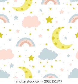 Seamless children pattern with clouds, moon and stars.