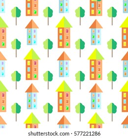 Seamless children pattern colored houses, tree transparent background vector illustration