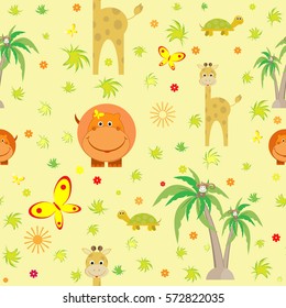 Seamless children pattern with cute animals, giraffe, hippopotamus, monkey, turtle, palm, cartoon vector illustration
