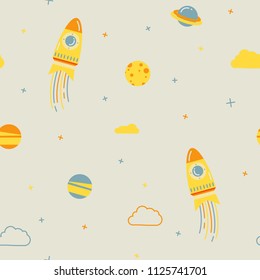 Seamless children pattern with cute planets, clouds and stars. Modern design for the fabric and paper, surface textures. Vector illustration.