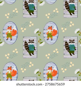 Seamless children pattern with cute raccoon in shirt and fox in overalls on knitted melange patches with hand-stitched edges, sage background with flowers, vector illustration.