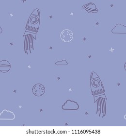 Seamless children pattern with cute rockets, planets, clouds and stars. Modern design for the fabric and paper, surface textures. Vector illustration.