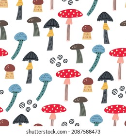 Seamless children pattern forest mushrooms. Naive Digital paper, wallpaper for nursery room, baby textile fabric. Baby Shower hand drawn doodle vector design