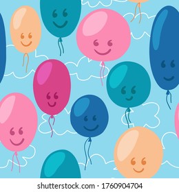 Los niños sin soldadura patrón con bolas multicolores sobre el fondo del cielo azul, los contornos de las nubes. Textura de dibujos hechos a mano por niños creativos para el embalaje, textiles, tela, papel tapiz. Vector.