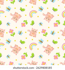 Seamless children pattern in pastel tones, featuring a cute hand-drawn cat, rainbow,  flowers,  bee, and butterfly. Perfect for nursery decor, children’s clothing, textile prints, wallpaper, gift wrap