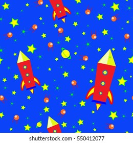 Seamless children pattern with rockets, stars, planets on a blue background vector illustration