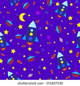 Seamless children pattern with spaceships, rockets, planets, stars on a violet background vector illustration