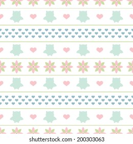 Seamless children pattern. Texture with silhouettes of owls, hearts and flowers. The white background is removed. Vector illustration. 
