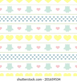 Seamless children pattern. Texture with silhouettes of owls and hearts. The white background is removed. Vector illustration. 