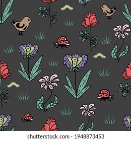 Seamless children s pattern with fabulous flowers, bird and ladybug