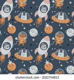 Seamless children space pattern with cute cartoon animal characters, stars, planets, space ships and rockets. Vector illustration