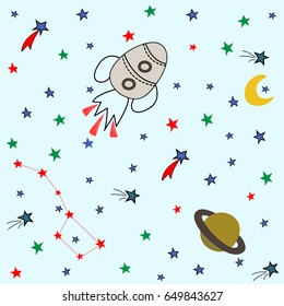 Seamless children space pattern with planets, rockets and stars over blue sky background. Vector illustration