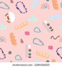 Seamless children's aesthetic pattern with hand-drawn abstract shapes. Creative Scandinavian children's fabric, wrapping texture, textiles, wallpapers, home clothes. Vector illustration.