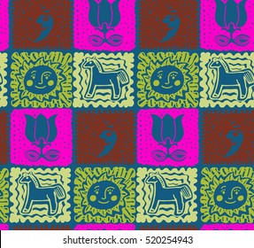 Seamless children's background, background with horse, sun, flower, month