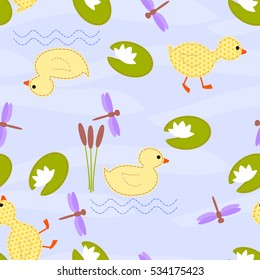 Seamless children's blue background with stylized ducks, dragonflies and water lilies