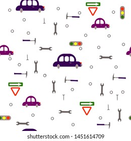 
Seamless children's boyish pattern. Transport, road signs, tools on a white background. Illustration.