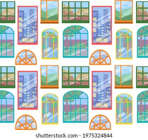 Seamless childrens bright texture of various windows on white background. Wallpaper with Facade with windows with different views. Vector pattern with elements of architecture.