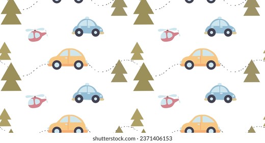 Nahtlose Kinderwagen mit Straße und Bäumen. Geschenkverpackung, Druck auf Stoff und Papier. Vektorgrafik.