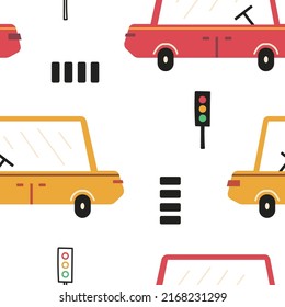 seamless children's car pattern in scandinavian style decor for nursery boy