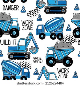 Seamless children's cartoon pattern with construction vehicles.
