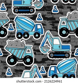 Seamless children's cartoon pattern with construction vehicles.
