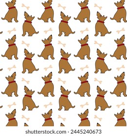 Seamless children's, cartoon pattern, doodle style, hand drawing, children's, with the image of a dog and a bone, print on fabric, print on paper