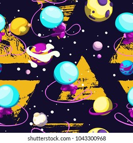 Seamless children's cartoon space pattern with astronaut, planets, stars against the background of a dark night sky