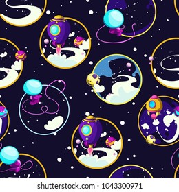 Seamless children's cartoon space pattern with rockets, astronaut, planets, stars against the background of a dark night sky