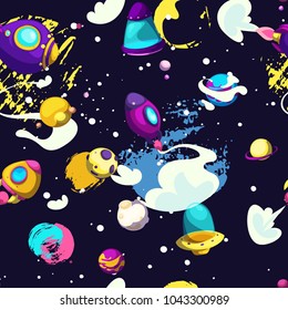 Seamless children's cartoon space pattern with rockets, ufo, planets, stars against the background of a dark night sky