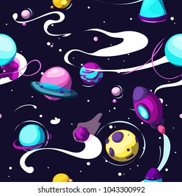 Seamless children's cartoon space pattern with rockets, ufo, planets, stars against the background of a dark night sky