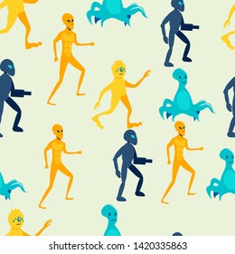 Seamless childrens drawing. Alien, fantastic monsters. In minimalist style. Cartoon flat Vector Illustration
