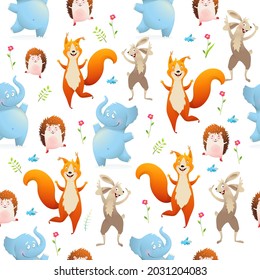 Seamless children's drawing with funny animals: elephant, fox, hare, hedgehog. Creative children's texture for fabric, packaging, textiles, wallpaper, clothing. Vector seamless illustration.
