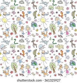 Seamless of Children's drawings of doodle family, animals, people, flowers 