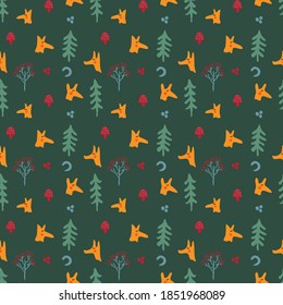 Seamless children's forest patterns with foxes, birds, trees and bushes with red berries. Green background.

