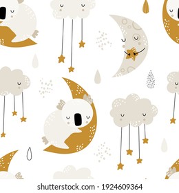 Seamless childrens hand-drawn pattern with cute sleeping koalas, clouds, moons and drops. Creative trendy kids texture for fabric, wrapping, textile, wallpaper, apparel. Vector illustration.