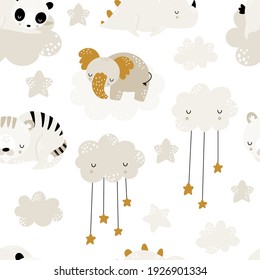 Seamless childrens hand-drawn pattern with cute sleeping animals, elephant, tiger, panda. Creative kids texture for fabric, wrapping, textile, wallpaper, apparel. Vector illustration. Good night.