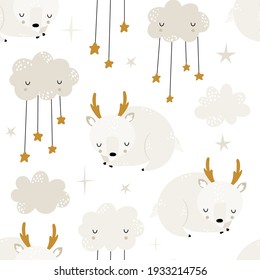 Seamless childrens hand-drawn pattern with cute sleeping deers, clouds and stars. Creative trendy kids texture for fabric, wrapping, textile, wallpaper, apparel. Vector illustration. Good night.