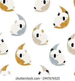 Seamless childrens hand-drawn pattern with cute sleeping koala on the moon. Creative kids texture for fabric, wrapping, textile, wallpaper, apparel. Vector illustration.