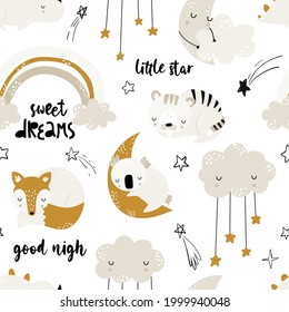 Seamless childrens hand-drawn pattern with cute sleeping animals, clouds, rainbow, moon and stars. Creative trendy kids texture for fabric, wrapping, textile, wallpaper, apparel. Vector illustration