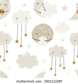 Seamless childrens hand-drawn pattern with cute moons, clouds and stars. Creative kids texture for fabric, wrapping, textile, wallpaper, apparel. Vector illustration. Good night.
