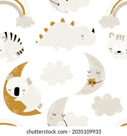 Niños sin mar dibujando a mano con lindos animales durmientes, nubes y lunas. Textura infantil creativa de moda para tela, envoltura, textil, papel pintado, vestimenta. Ilustración del vector