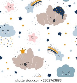 Los niños sin mar dibujan a mano con adorables koalas dormidas, nubes, lunas y estrellas. Textura infantil creativa de moda para tela, envoltura, textil, papel pintado, vestimenta. Ilustración vectorial.